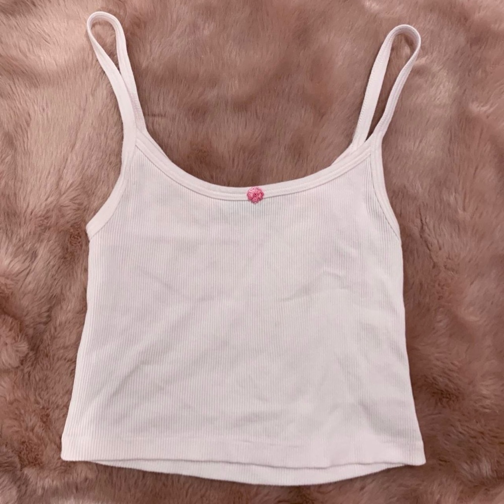 Brandy Melville White Ribbed Tank with Pink Heart Accent